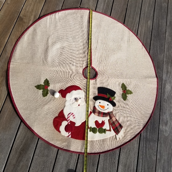 Burlap 48" Round Christmas Tree Skirt Rustic Santa Snowman Cardinal Holly - Picture 1 of 14